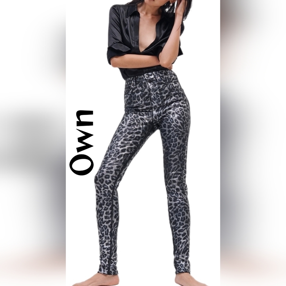 Own Womens Black & Metallic Silver Denim Jeans Sz 28x30 Ultra High Rise Leopard